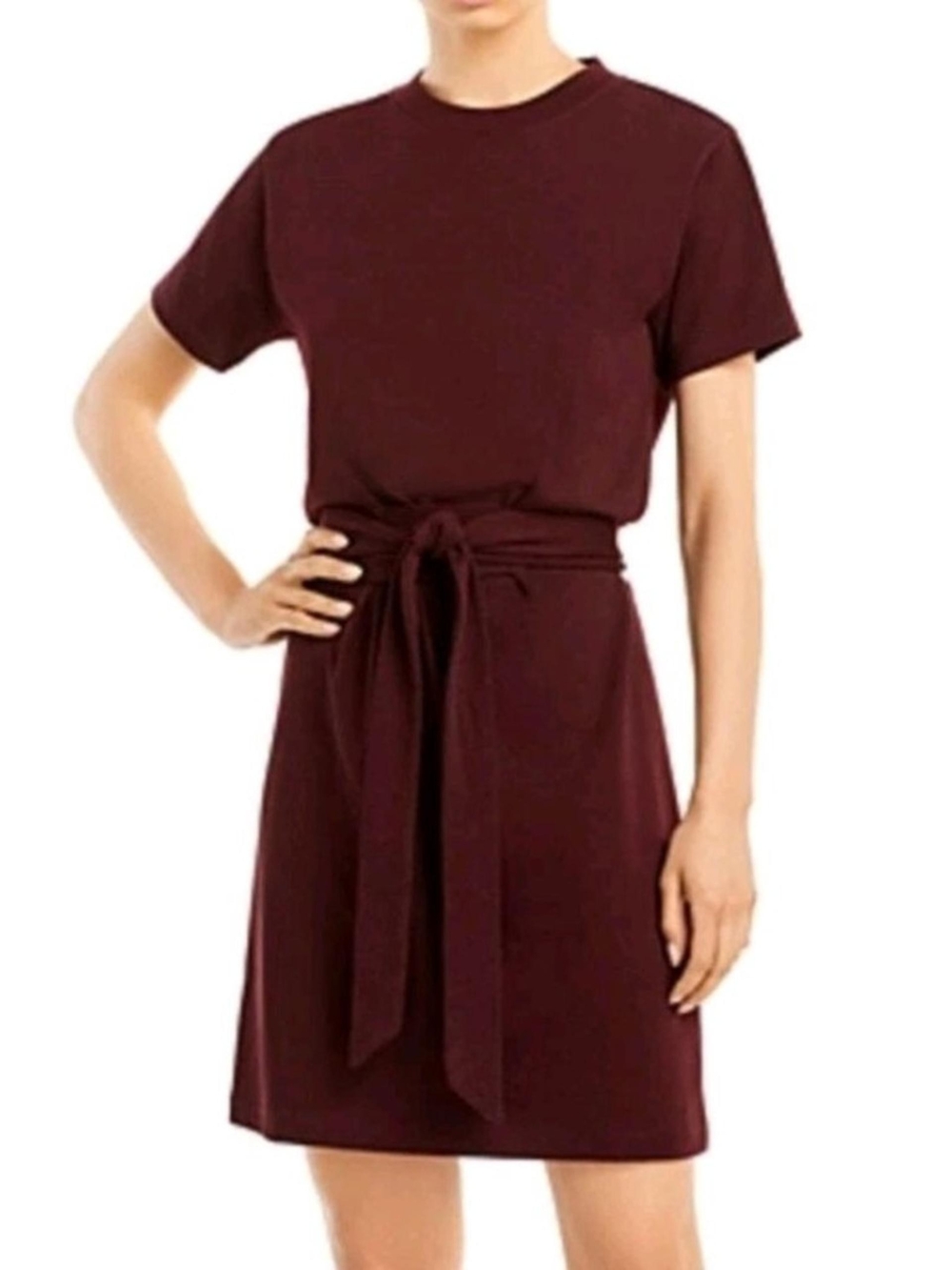 Women's Short Sleeve Tie-Waist Dress in Burgundy